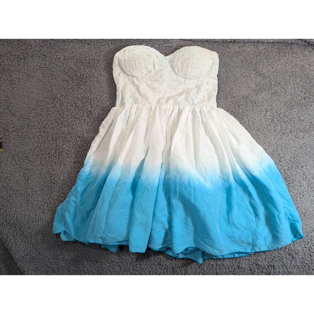 American Eagle Strapless Dress Women’s M White Blue Ombre Eyelet Summer